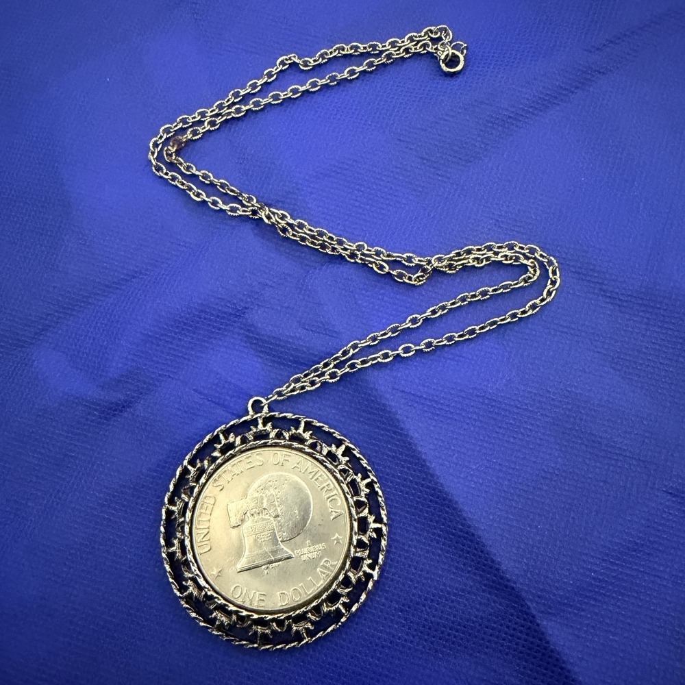 Vintage Liberty Bell One Dollar Coin Pendant Necklace Round Silver Tone 24 Inch